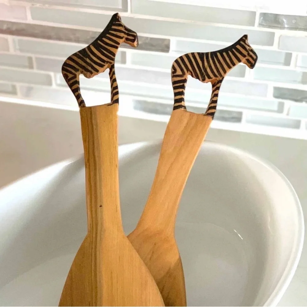 Handcrafted Wooden Zebra Salad Servers 12” Fork & Spoon